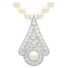 Vintage Cultured Pearl 1.48 Carat Diamond 18k White Gold Necklace, circa 1990