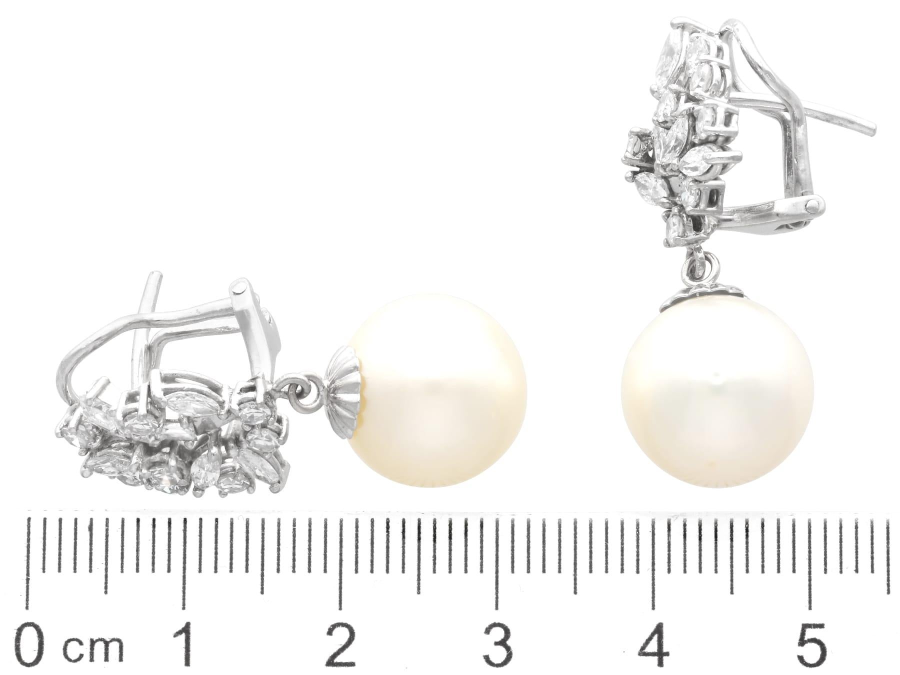 Vintage Cultured Pearl 2.84 Carat Diamond, 18k White Gold Earrings Circa 1970 For Sale 5