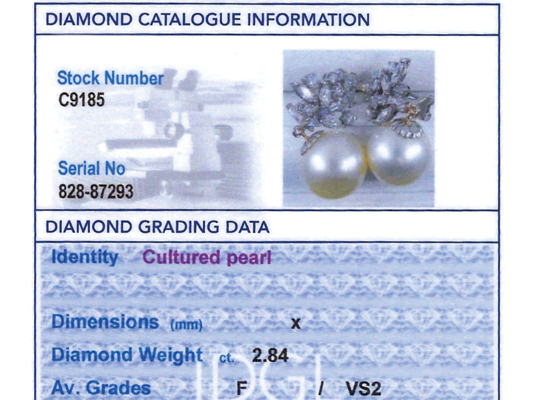 Vintage Cultured Pearl 2.84 Carat Diamond, 18k White Gold Earrings Circa 1970 For Sale 6
