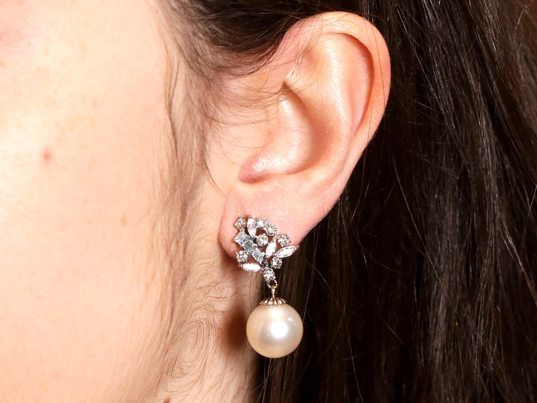 Vintage Cultured Pearl 2.84 Carat Diamond, 18k White Gold Earrings Circa 1970 For Sale 7