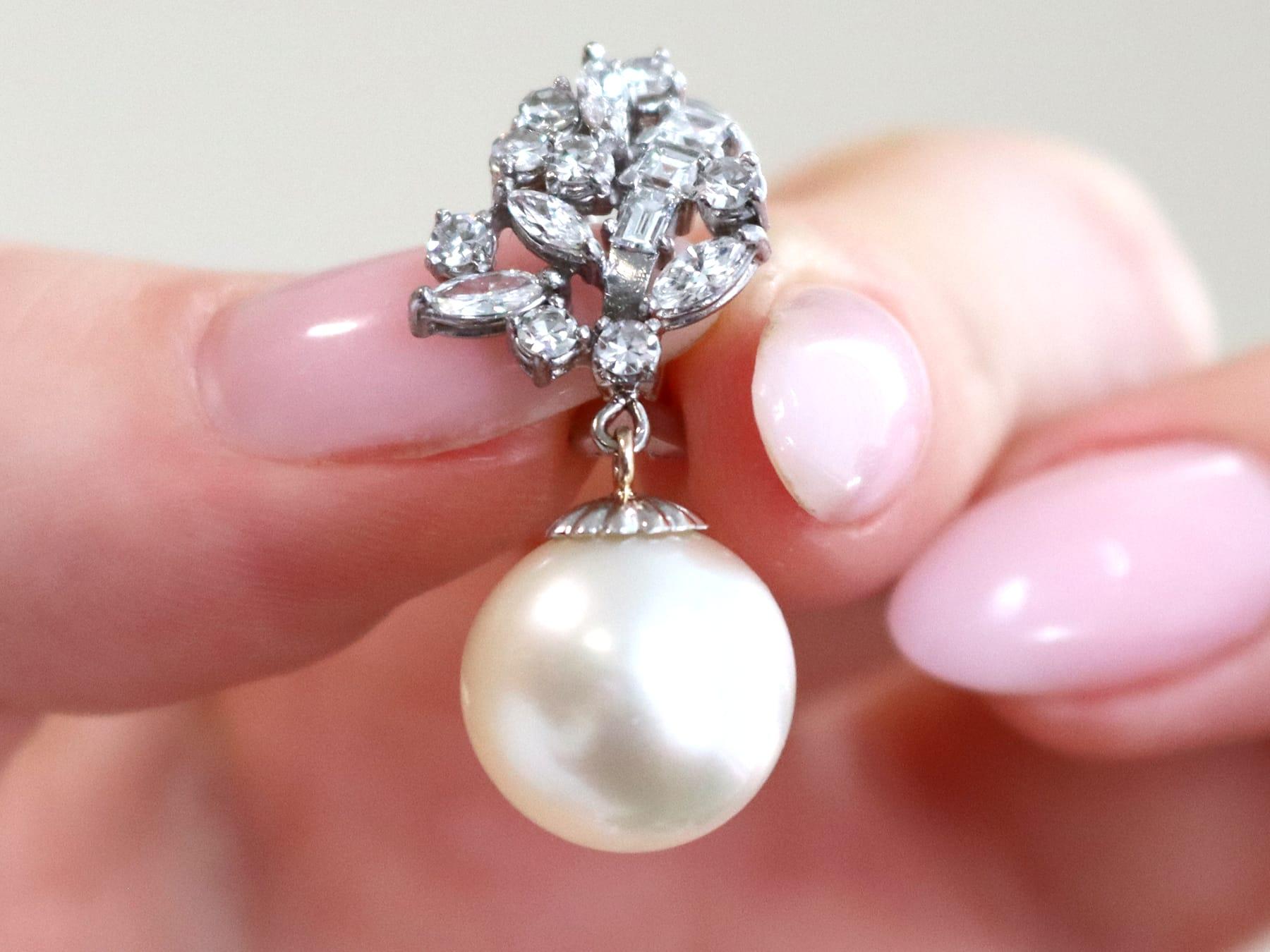 Marquise Cut Vintage Cultured Pearl 2.84 Carat Diamond, 18k White Gold Earrings Circa 1970 For Sale