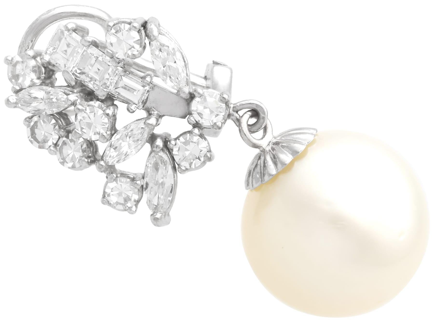 Vintage Cultured Pearl 2.84 Carat Diamond, 18k White Gold Earrings Circa 1970 For Sale 1