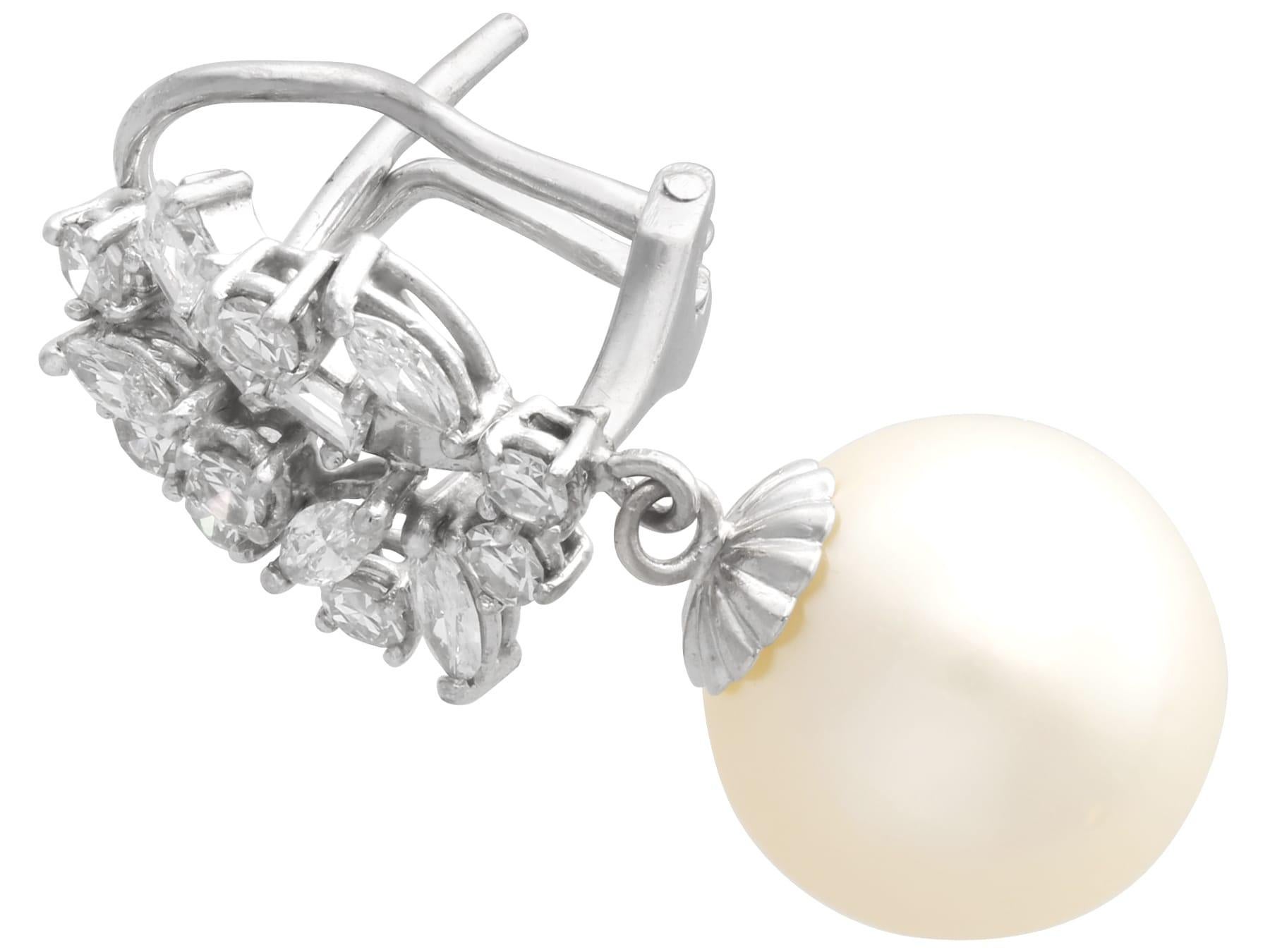 Vintage Cultured Pearl 2.84 Carat Diamond, 18k White Gold Earrings Circa 1970 For Sale 2