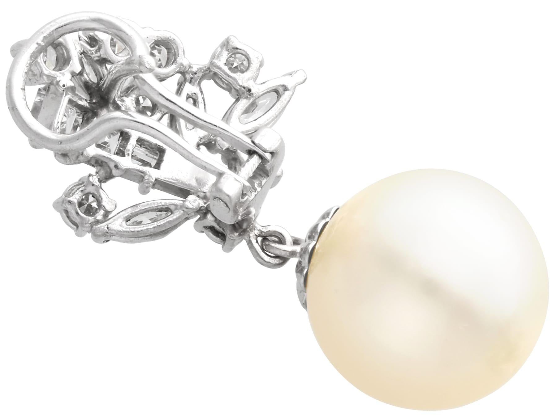 Vintage Cultured Pearl 2.84 Carat Diamond, 18k White Gold Earrings Circa 1970 For Sale 3