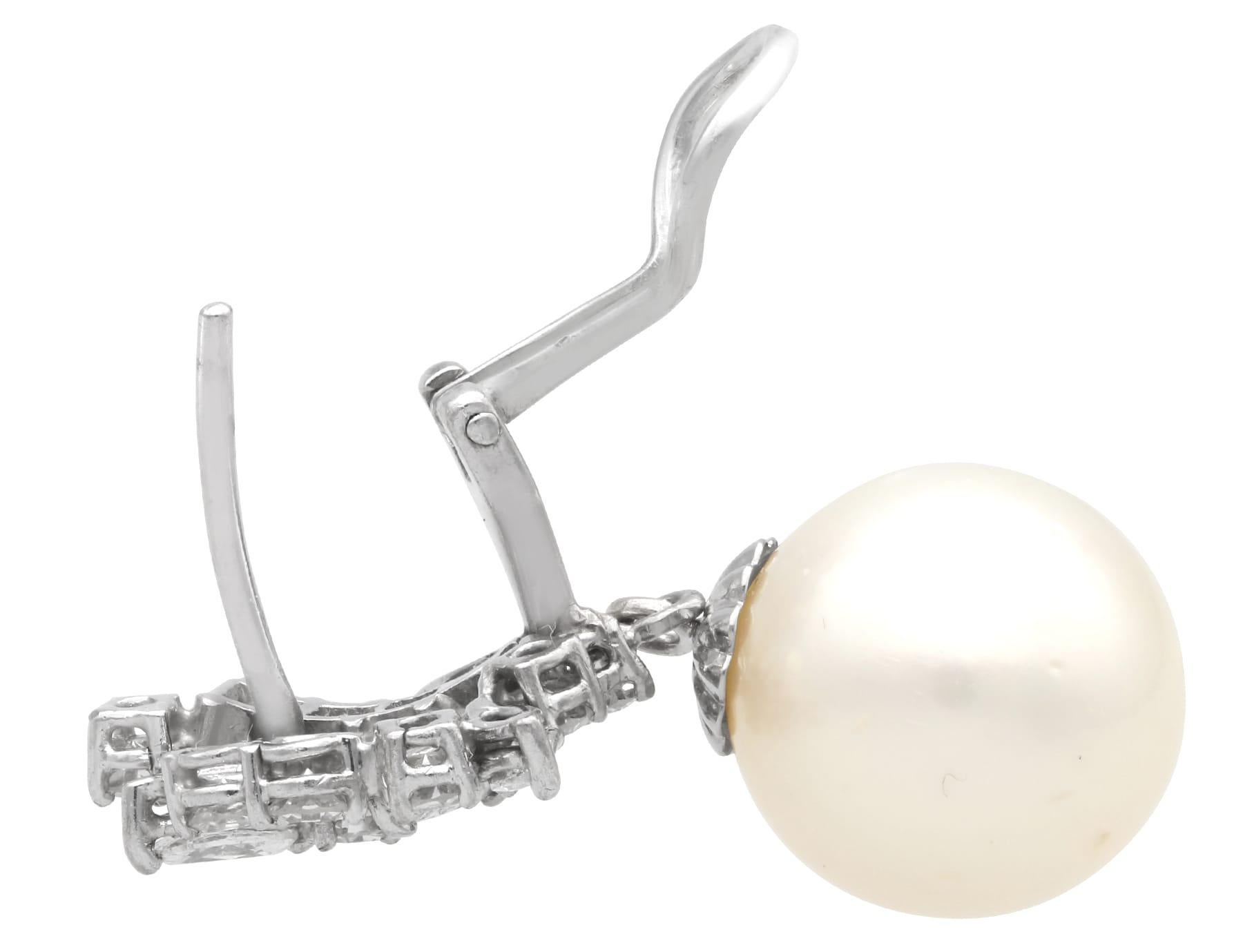 Vintage Cultured Pearl 2.84 Carat Diamond, 18k White Gold Earrings Circa 1970 For Sale 4