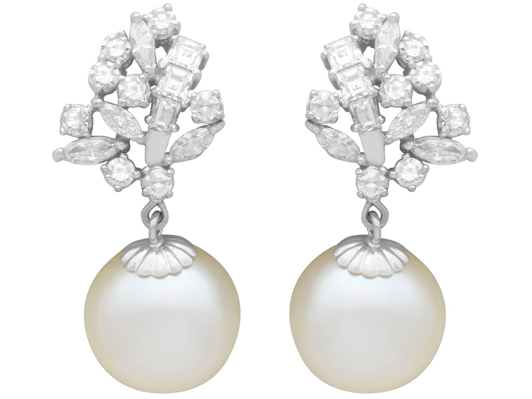 Vintage Cultured Pearl 2.84 Carat Diamond, 18k White Gold Earrings Circa 1970 For Sale