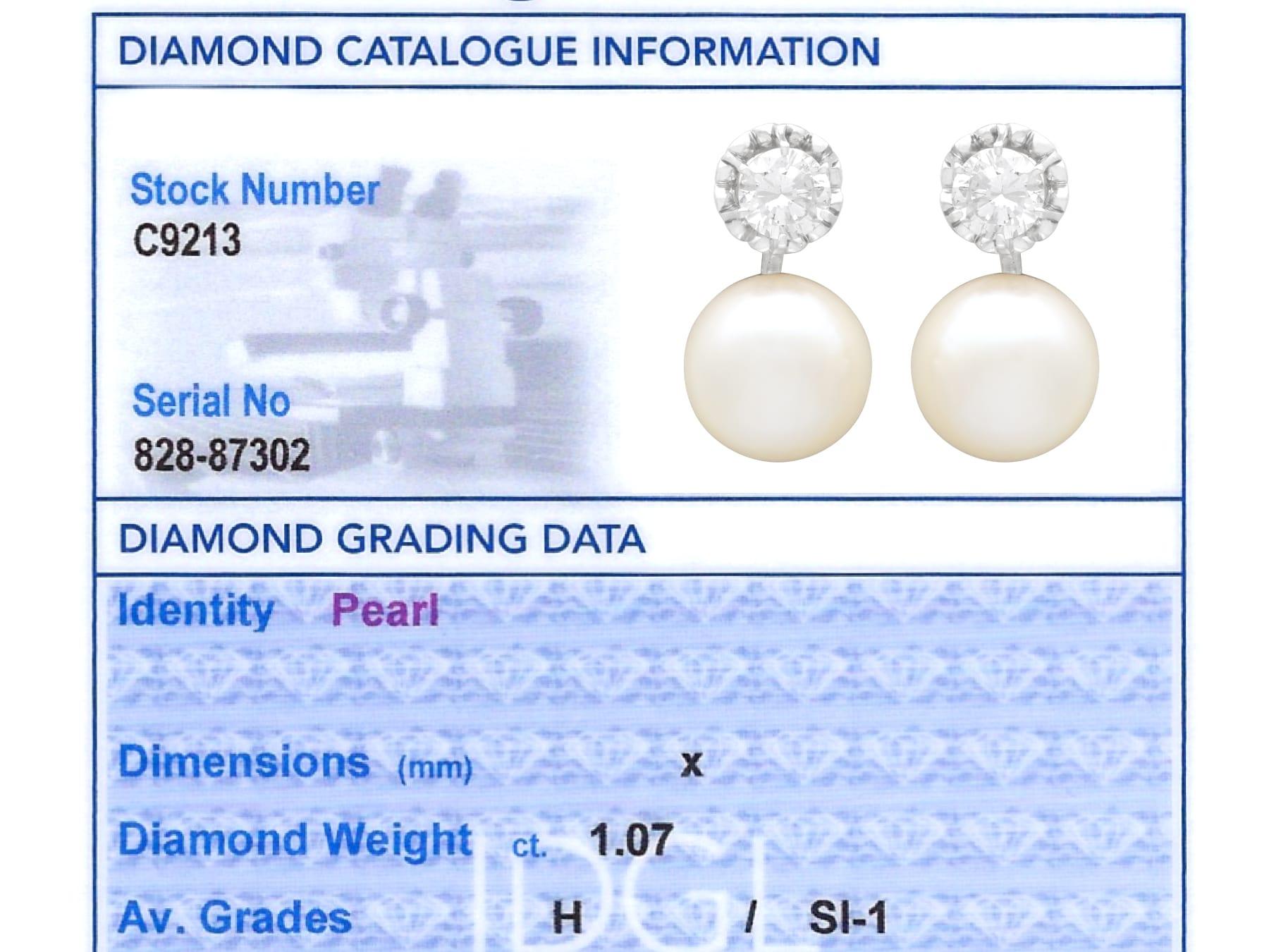 Ohrringe aus Platin mit Zuchtperlen und 1,07 Karat Diamanten im Vintage-Stil, um 1950 im Angebot 5