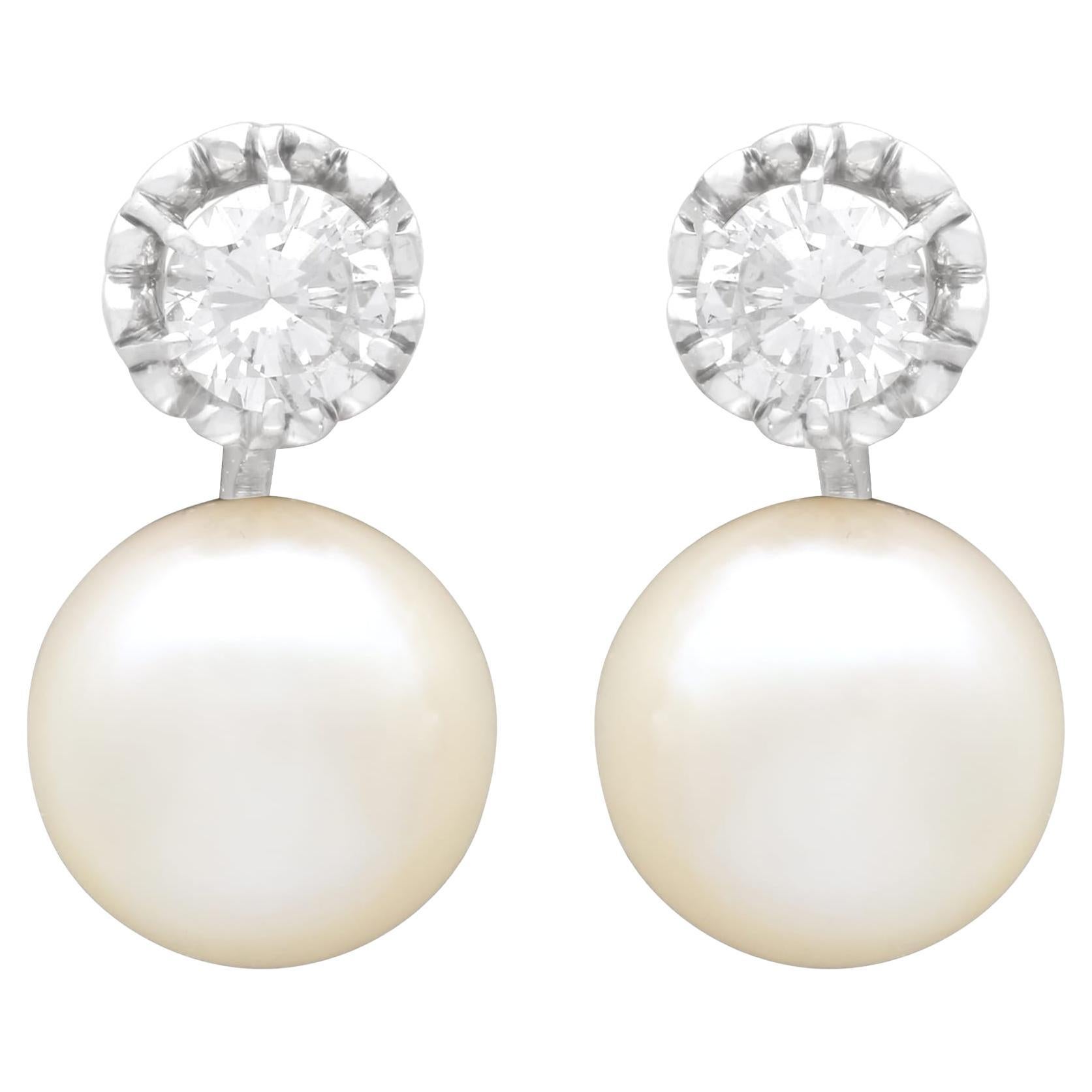 Vintage Cultured Pearl and 1.07 Carat Diamond, Platinum Earrings Circa 1950