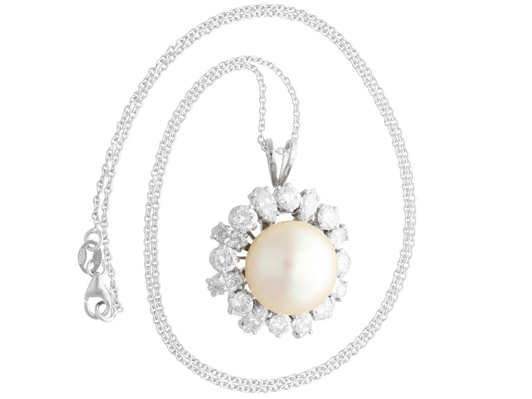 Round Cut Vintage Cultured Pearl and 4.02 Carat Diamond Platinum Pendant For Sale