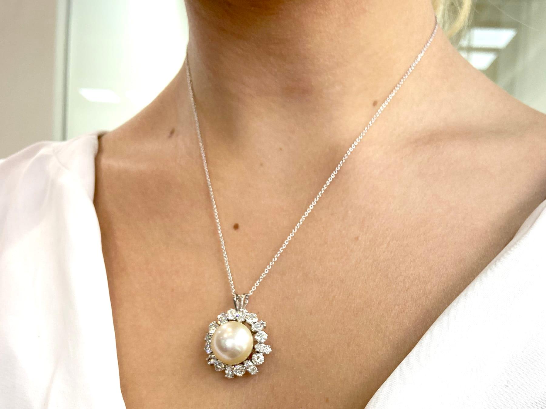 Round Cut Vintage Cultured Pearl and 4.02 Carat Diamond Platinum Pendant For Sale