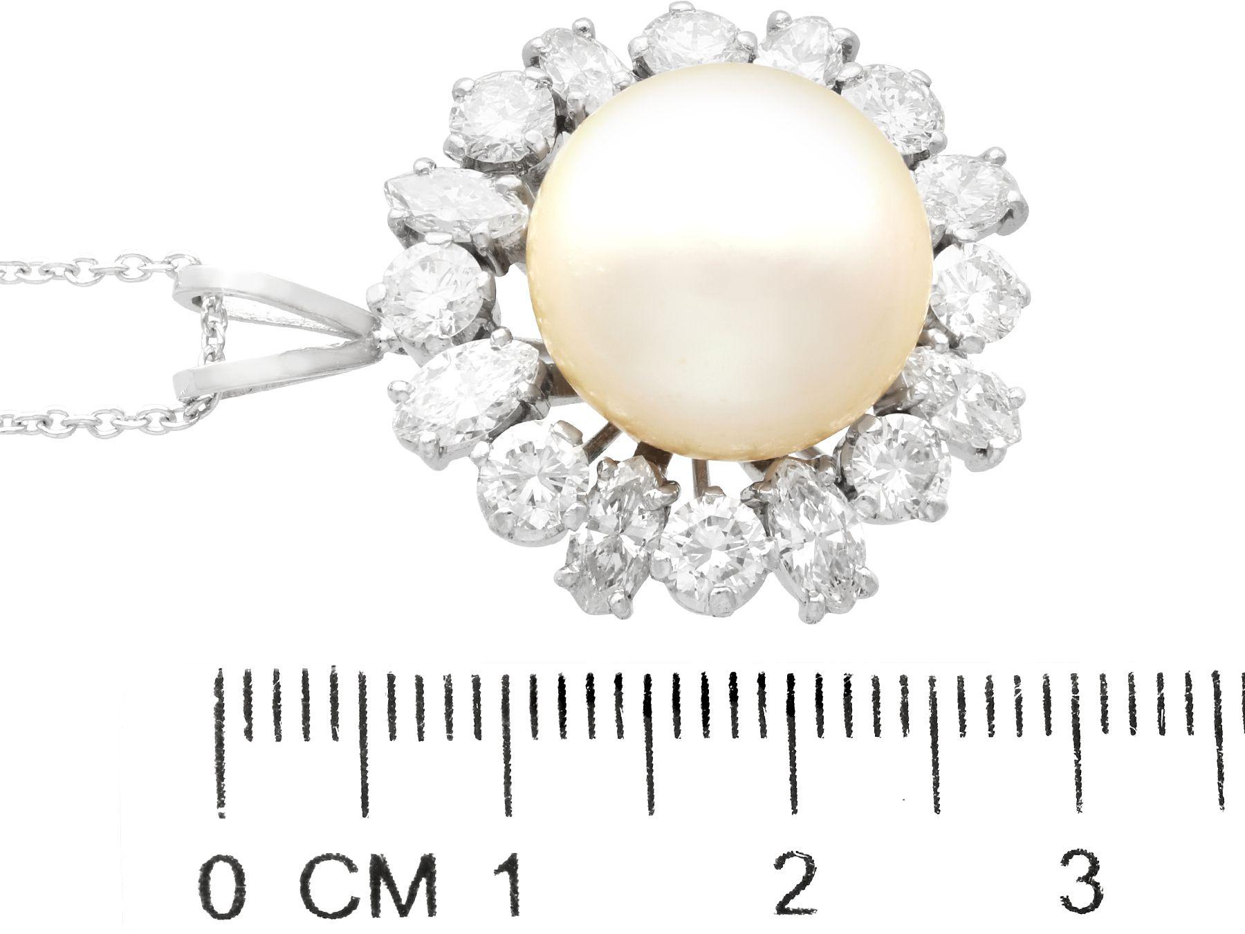 Vintage Cultured Pearl and 4.02 Carat Diamond Platinum Pendant For Sale 1