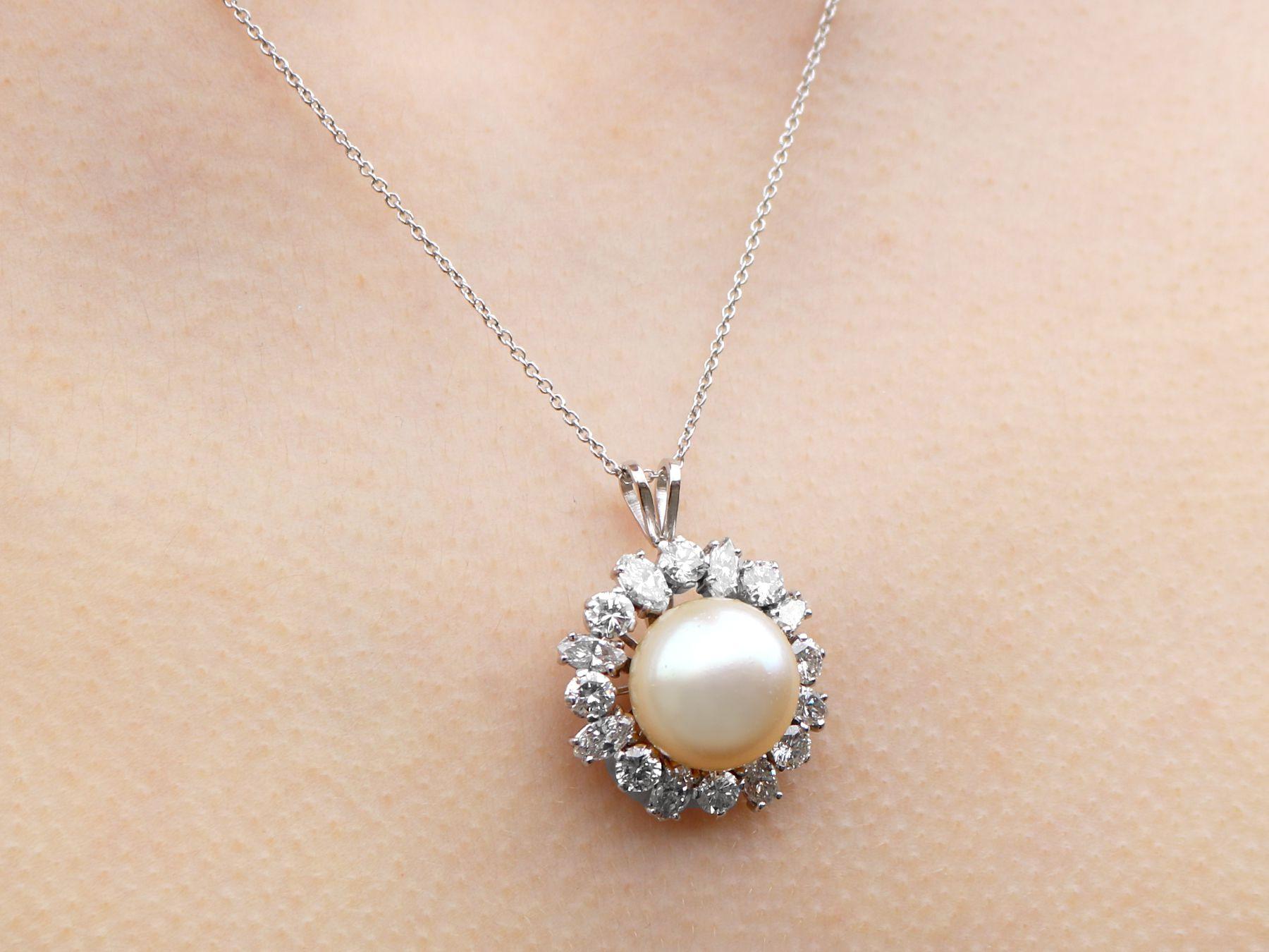 Vintage Cultured Pearl and 4.02 Carat Diamond Platinum Pendant For Sale 5