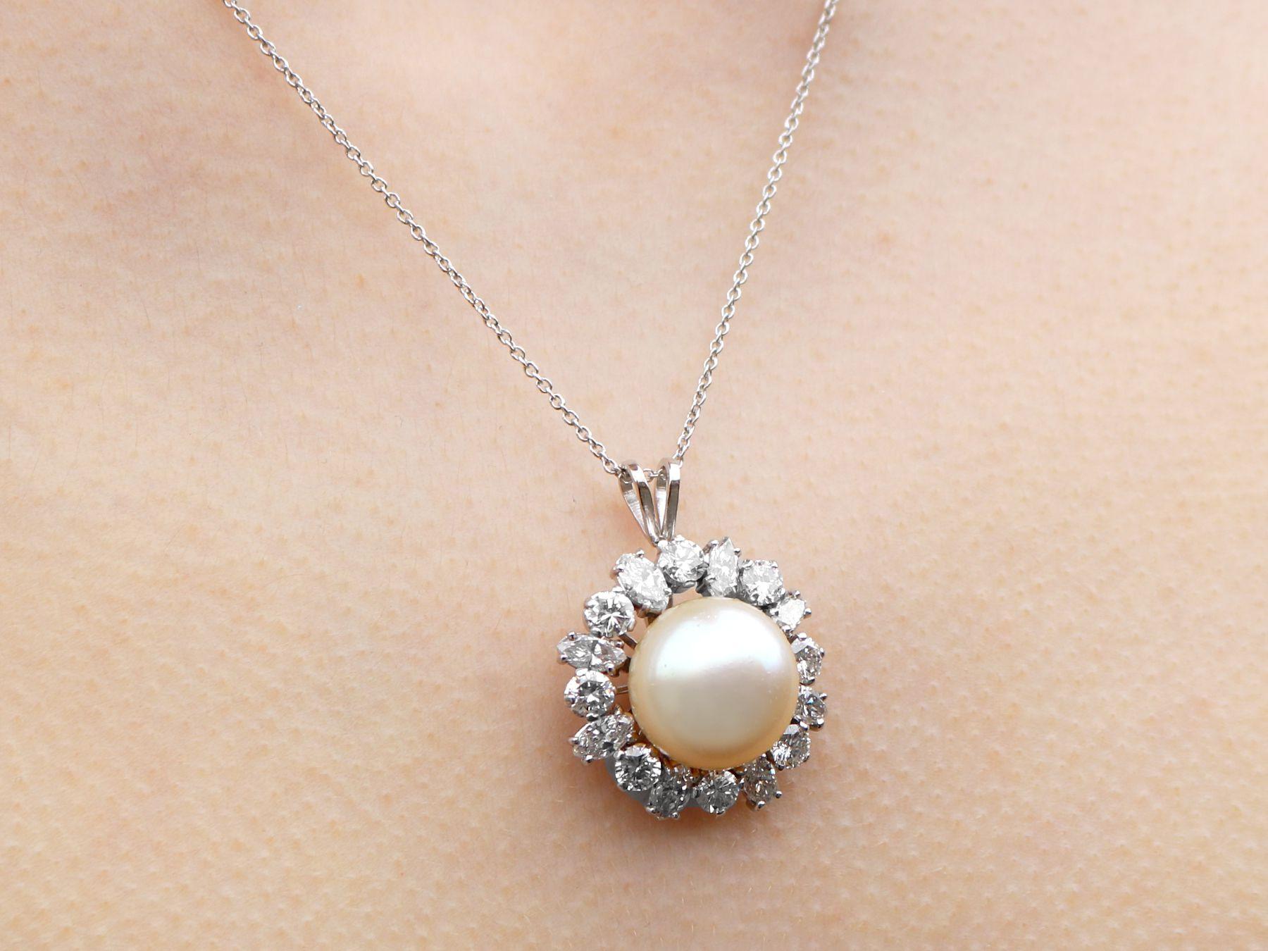 Vintage Cultured Pearl and 4.02 Carat Diamond Platinum Pendant For Sale 3