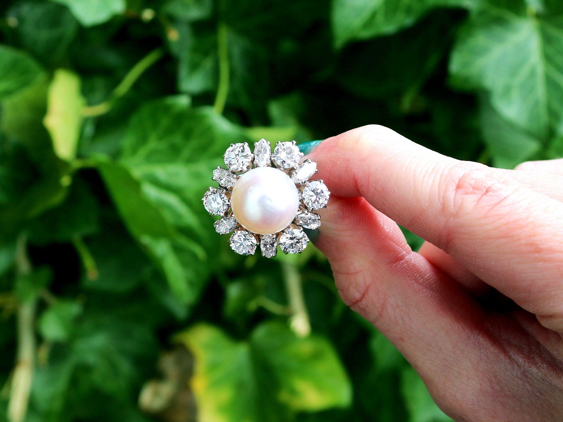 A magnificent, stunning, fine and impressive, rare cultured pearl and 4.50 carat diamond, platinum dress ring; part of our diverse vintage jewellery collections

This magnificent, stunning, fine and impressive cultured pearl and diamond ring has