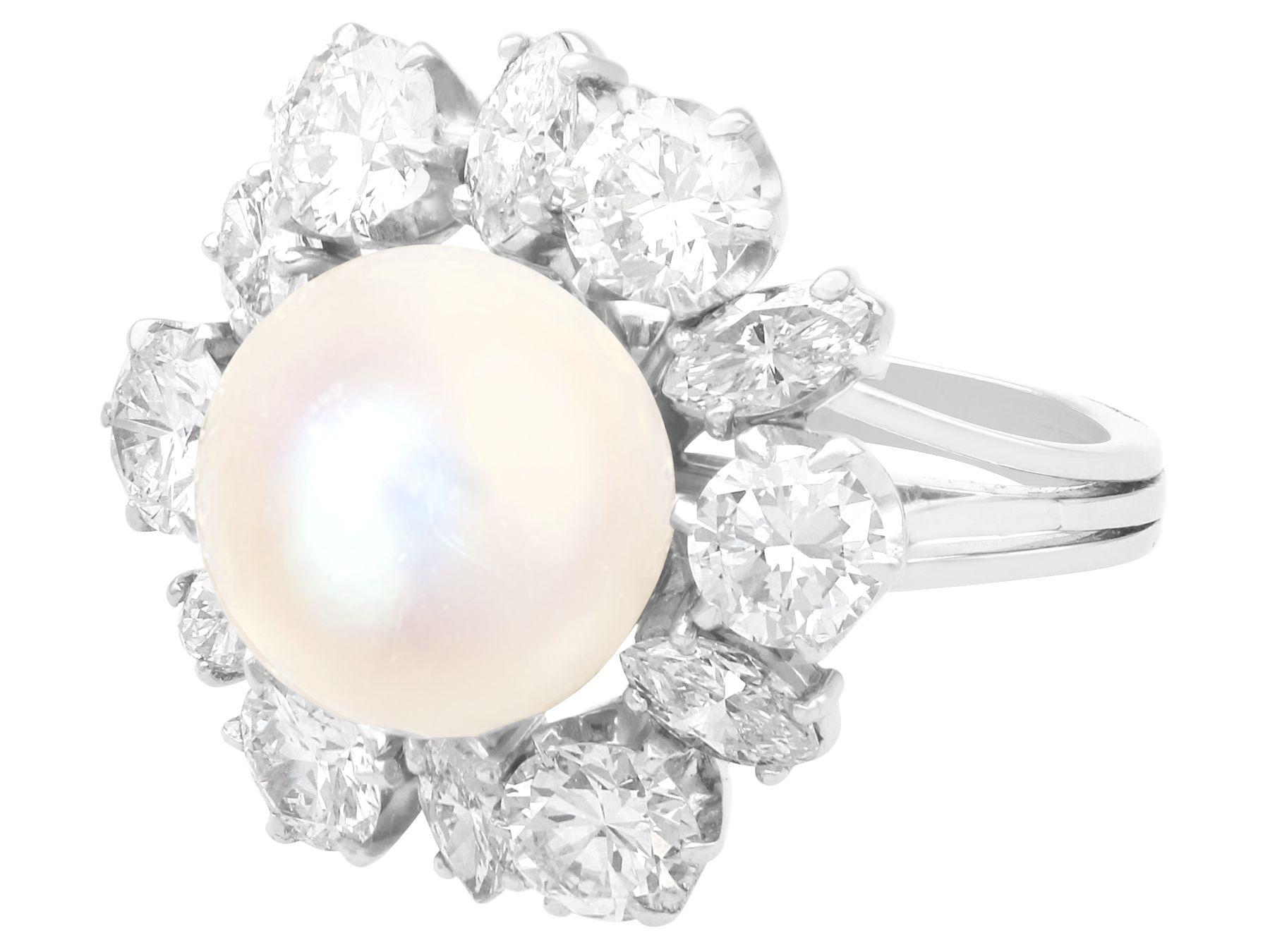 Round Cut Vintage Cultured Pearl and 4.50 Carat Diamond Platinum Dress Ring For Sale