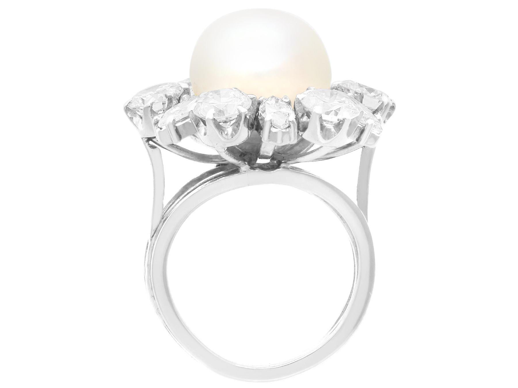 Women's or Men's Vintage Cultured Pearl and 4.50 Carat Diamond Platinum Dress Ring For Sale
