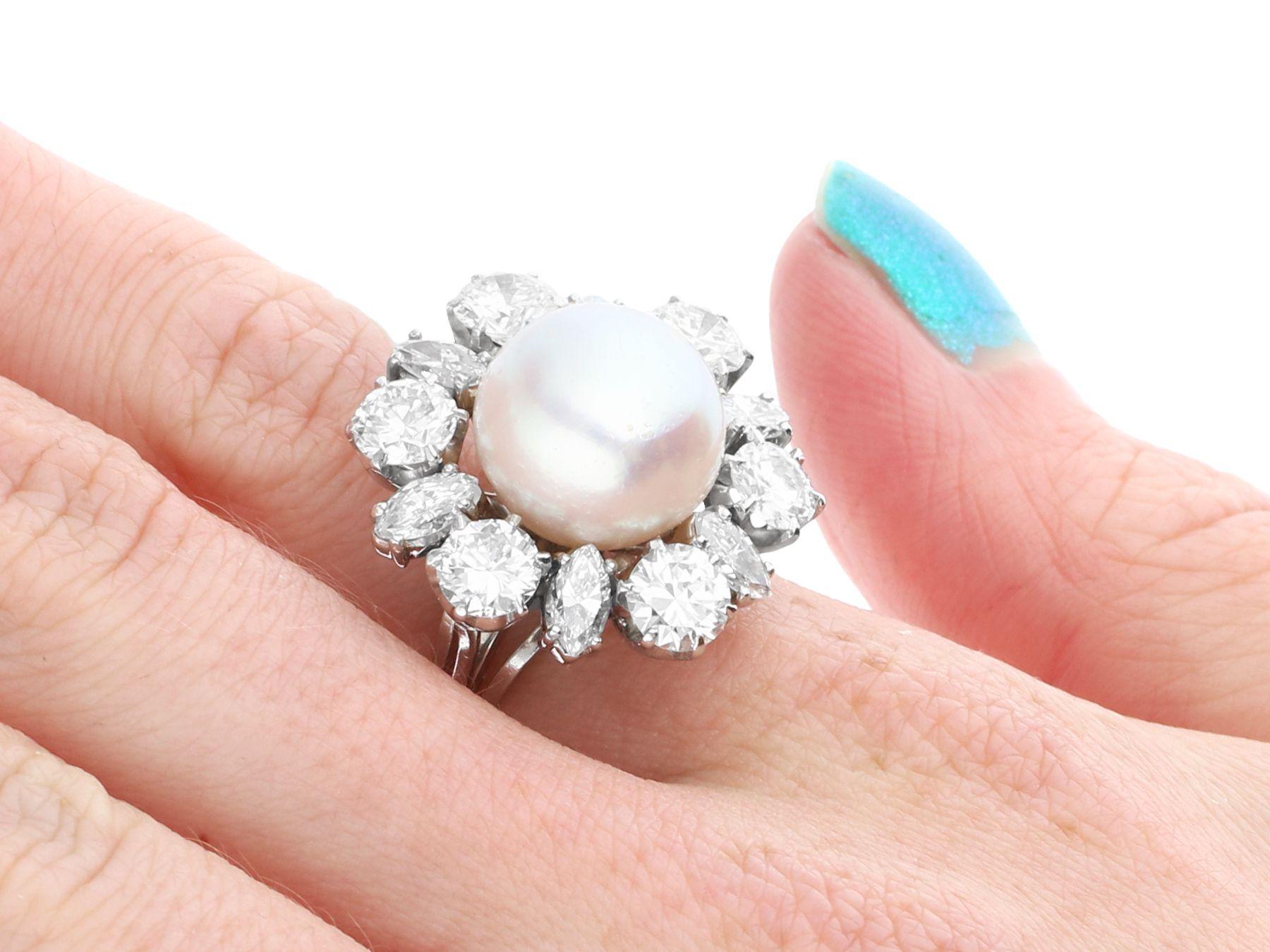 Vintage Cultured Pearl and 4.50 Carat Diamond Platinum Dress Ring For Sale 2