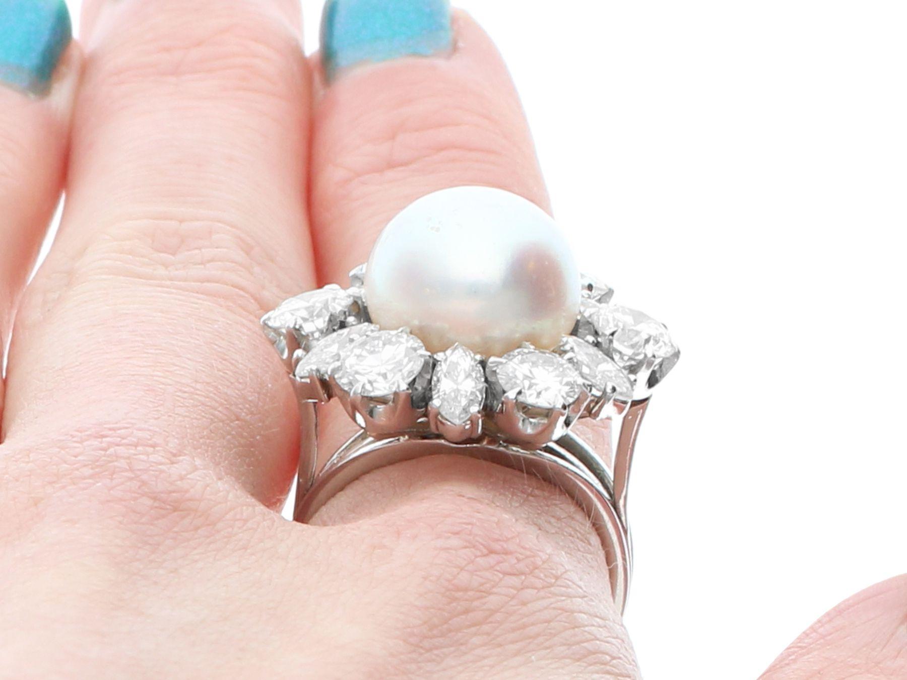 Bague habillée vintage en platine avec perles de culture et diamants de 4,50 carats  en vente 3