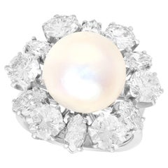 Retro Cultured Pearl and 4.50 Carat Diamond Platinum Dress Ring