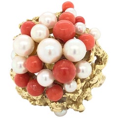 Vintage Cultured Pearl and Coral 18 Karat Gold Ring