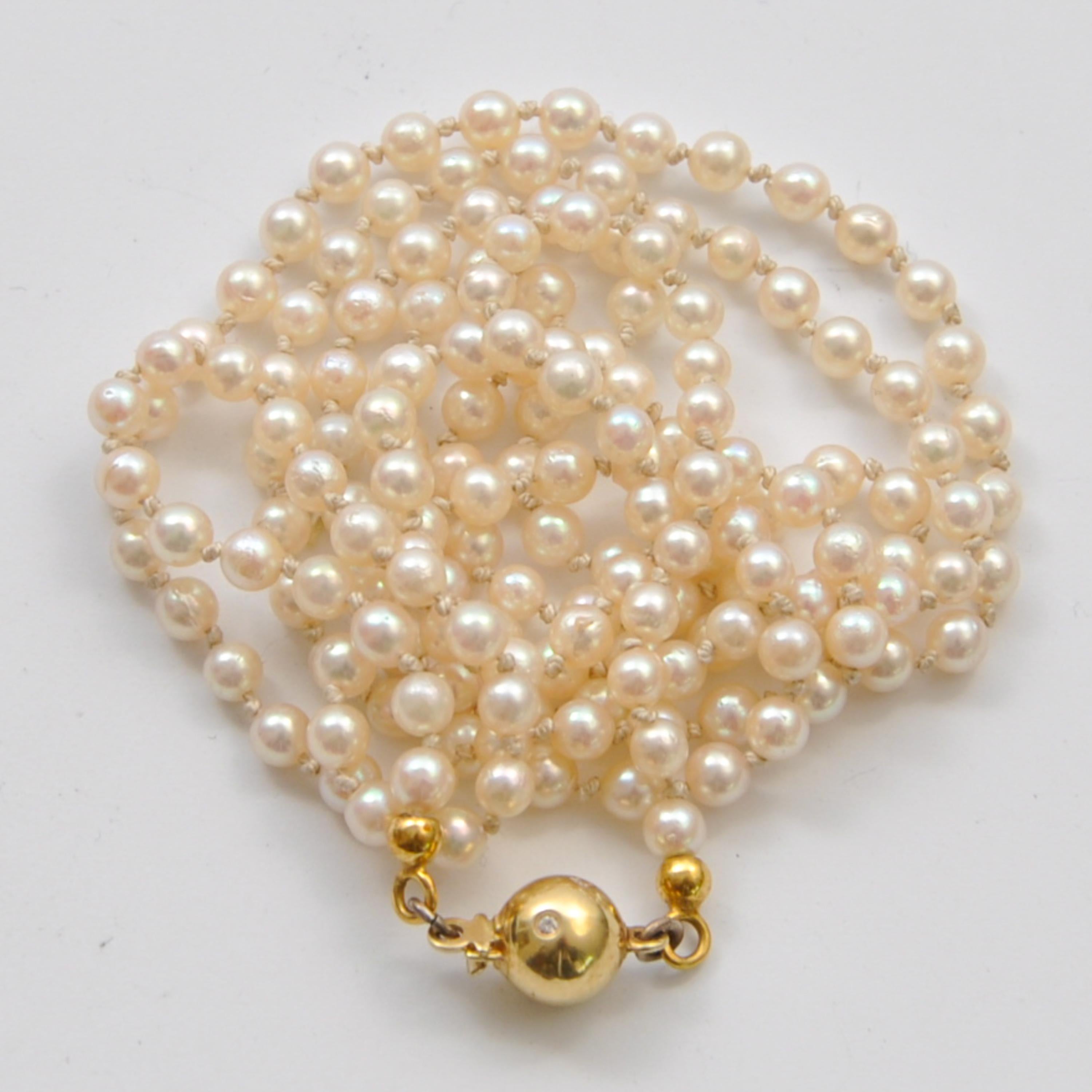 Vintage Cultured Pearl and Diamond 14 Karat Gold Necklace For Sale 3