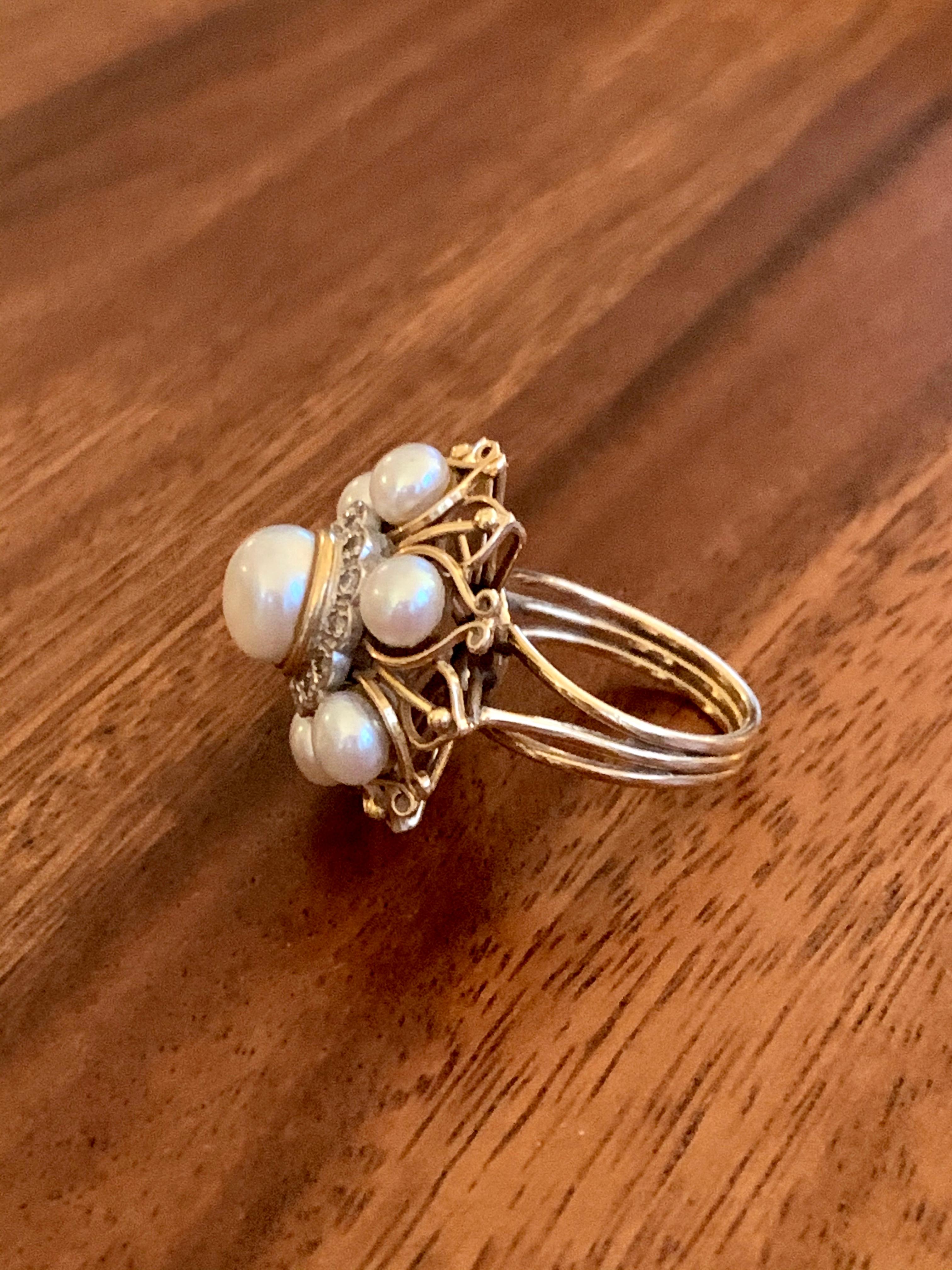 Vintage Cultured Pearl and Diamond 14 Karat Yellow Gold Fashion Ring For Sale 5