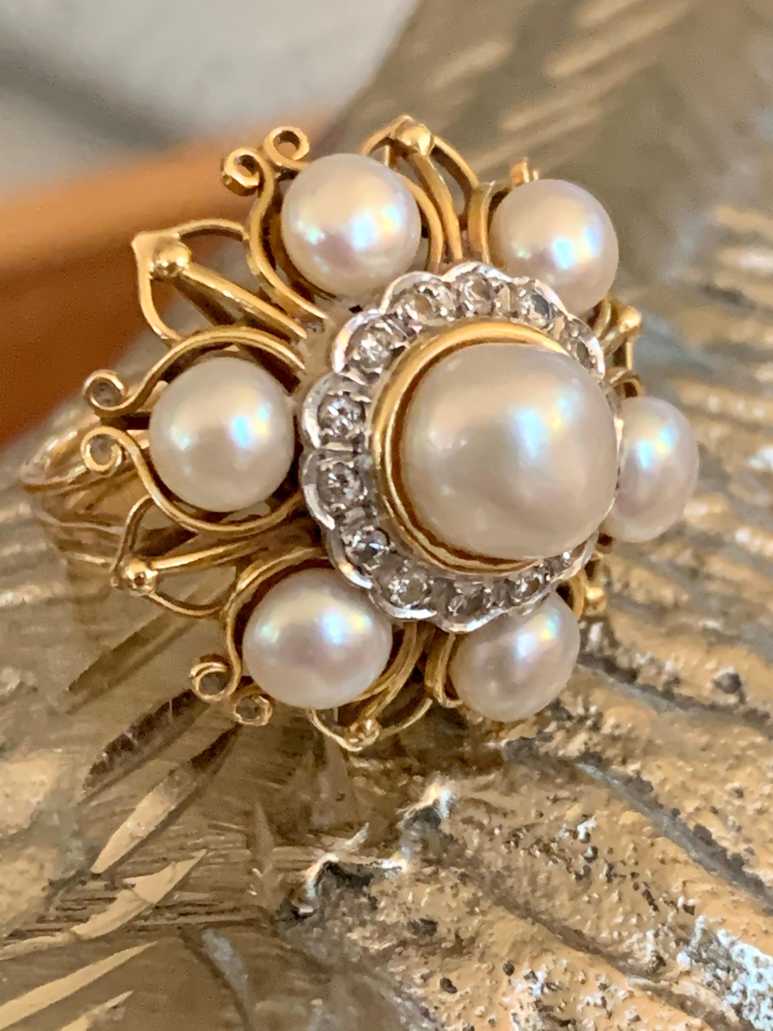 This amazing statement ring features 14-1.5mm brilliant cut Diamonds and seven cultured Pearls.  The Diamonds weigh .20ctw and have average grades of VS-G/H.

Size: 6 1/2 - this ring can be resized; G. Lindberg Jewels does not offer sizing services.