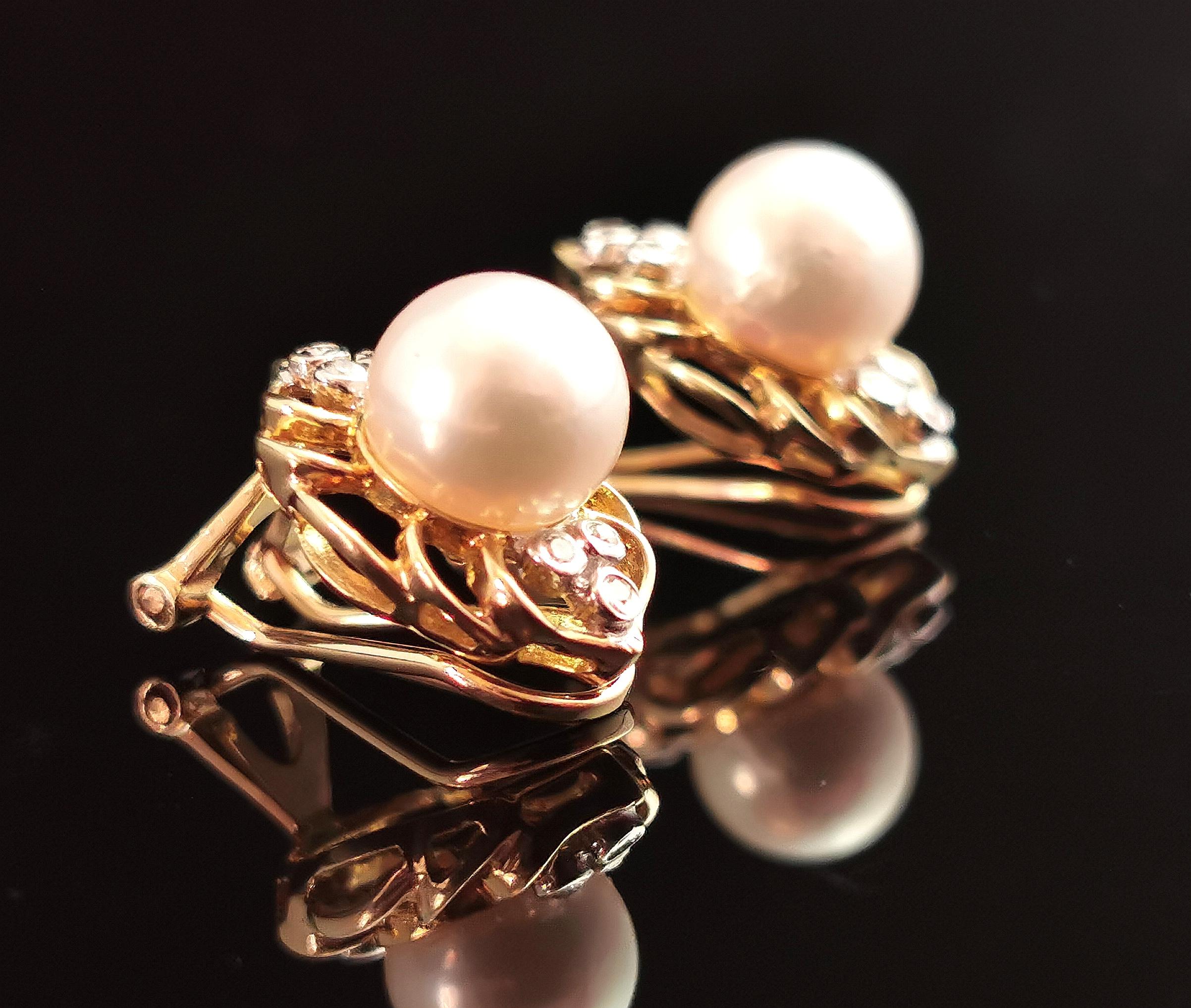 Single Cut Vintage Cultured Pearl and Diamond Clip Earrings, 9k Yellow Gold For Sale