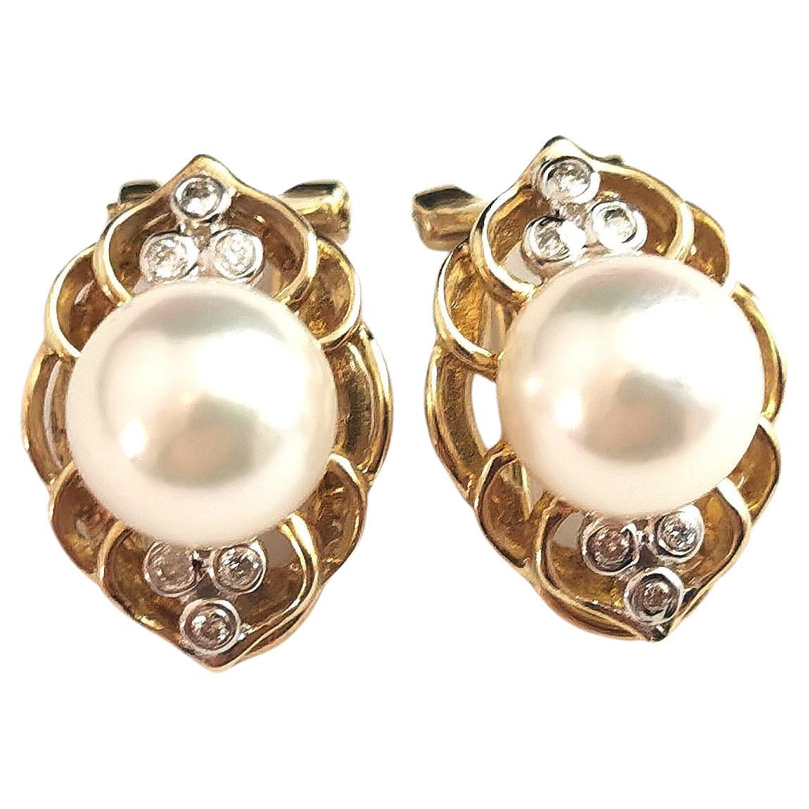 Vintage Cultured Pearl and Diamond Clip Earrings, 9k Yellow Gold For Sale