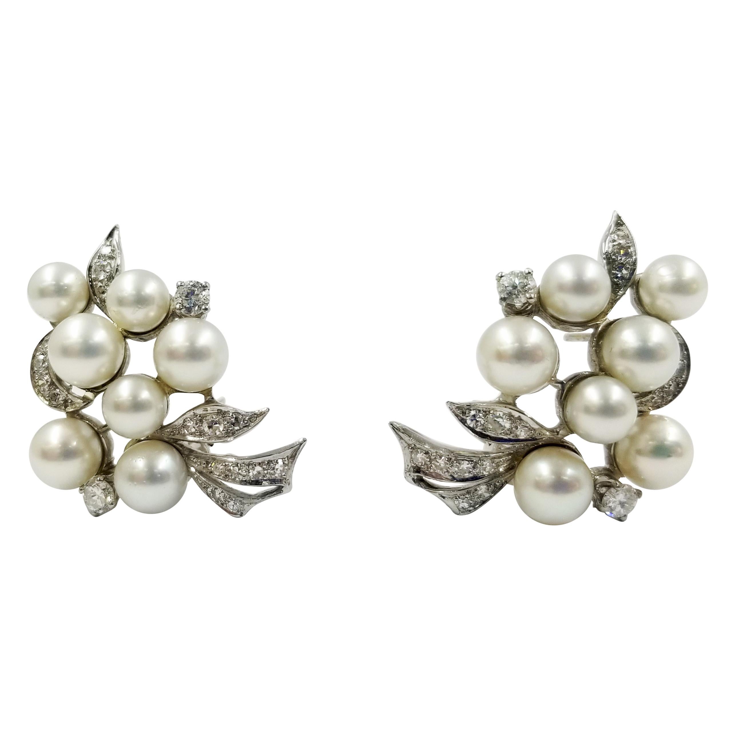 Vintage Cultured Pearl and Diamond Cluster Earrings