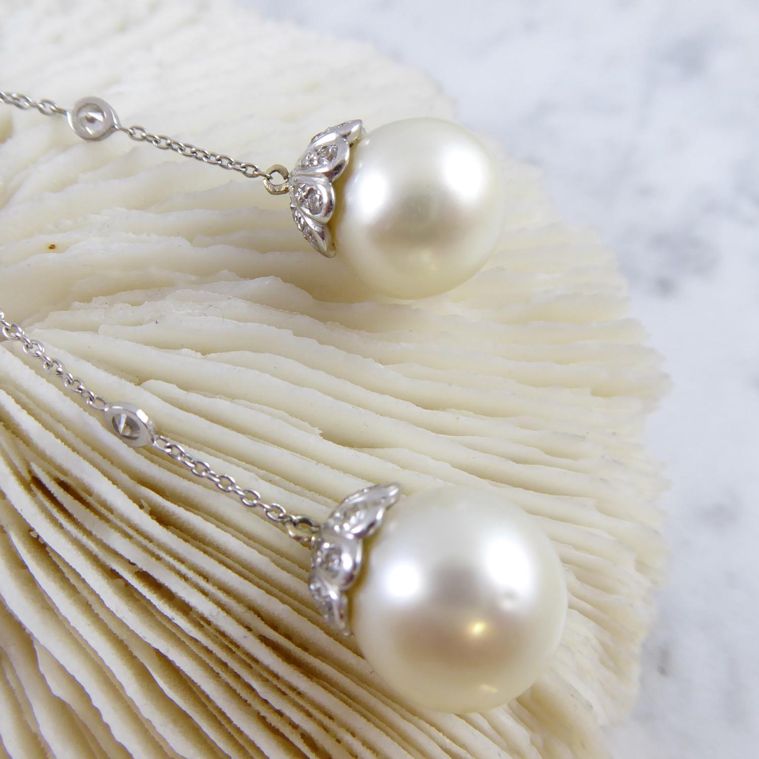 Brilliant Cut Vintage Cultured Pearl and Diamond Negligee Necklace