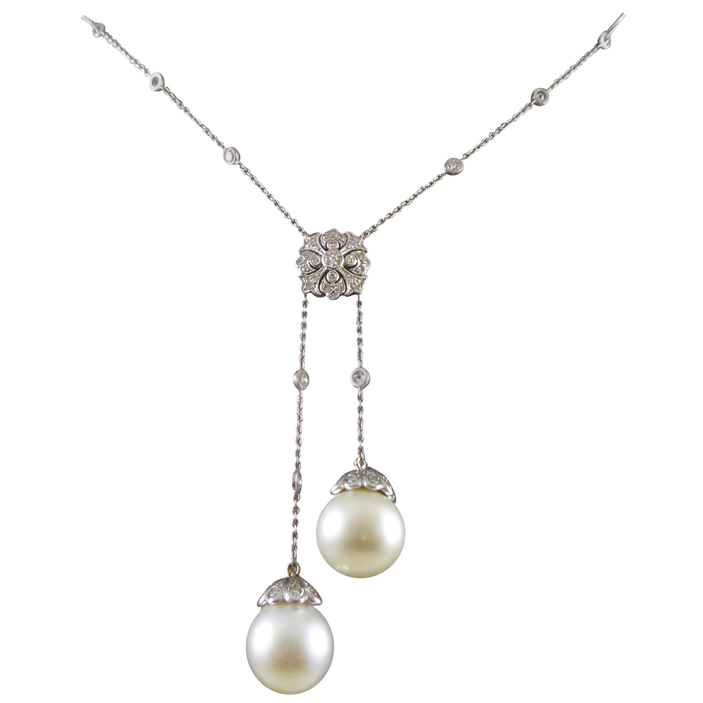 Vintage Cultured Pearl and Diamond Negligee Necklace