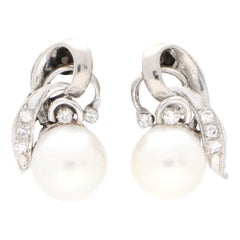 Vintage Cultured Pearl and Diamond Scroll Drop Earrings Set in 18 Karat Gold