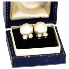 Vintage Cultured Pearl and Diamond Stud Earrings