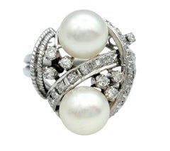 Vintage Cultured Pearl and Diamond Swirl Cocktail Ring in Polished Platinum