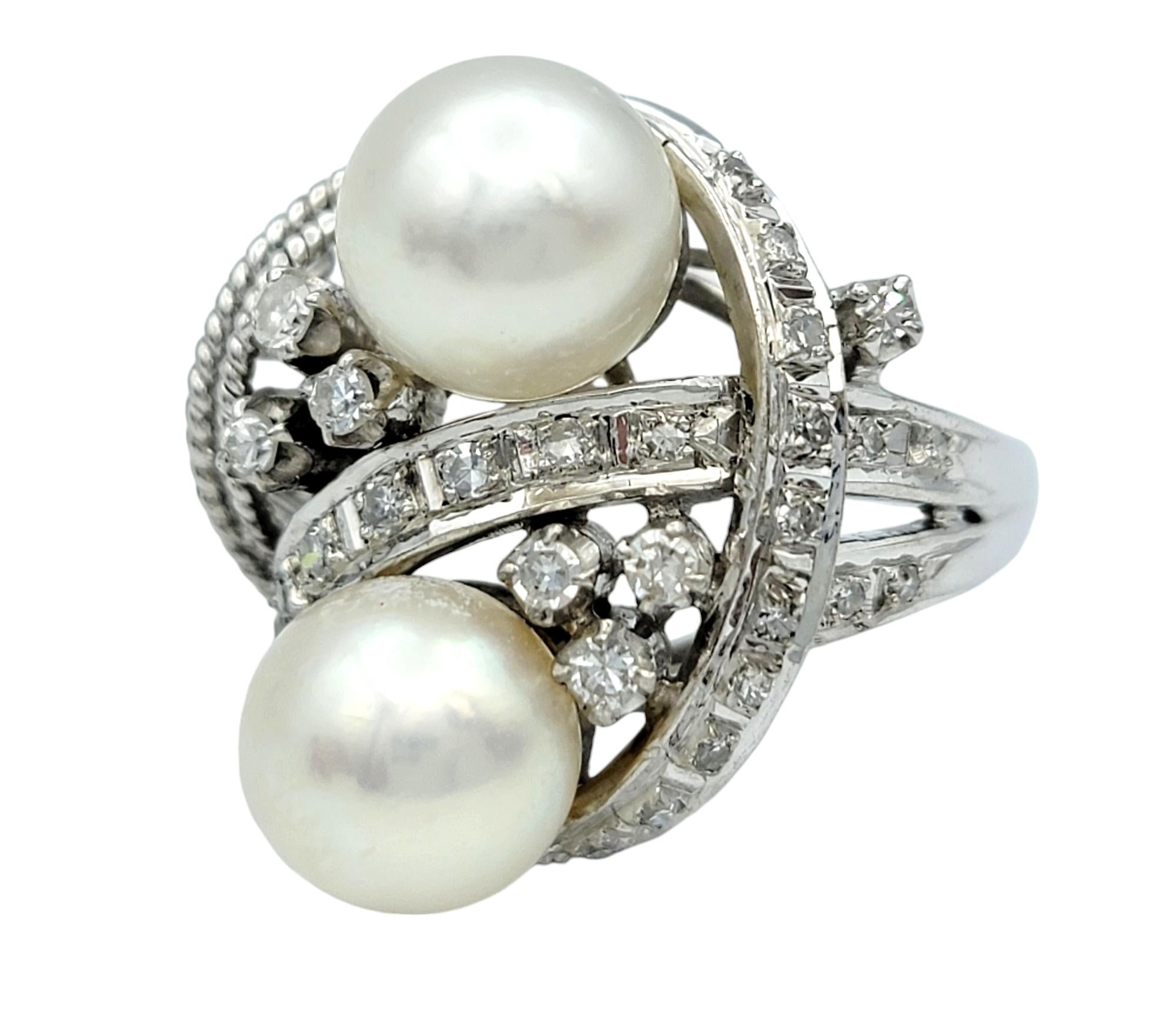 Contemporary Vintage Cultured Pearl and Diamond Swirl Cocktail Ring in Polished Platinum For Sale