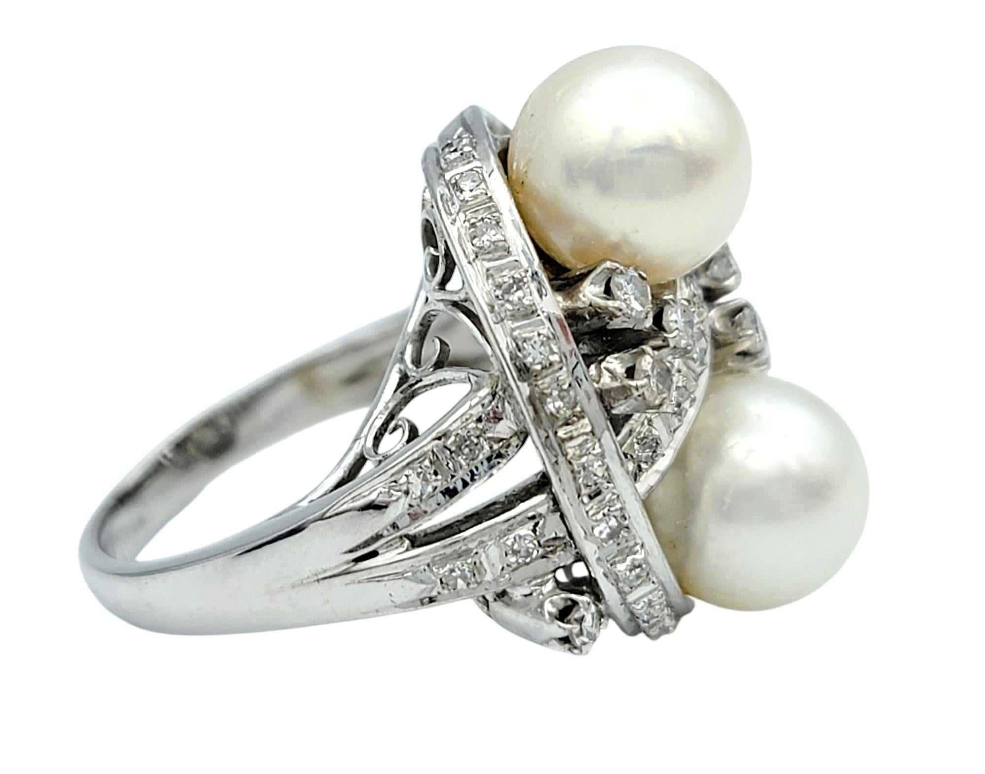Round Cut Vintage Cultured Pearl and Diamond Swirl Cocktail Ring in Polished Platinum For Sale