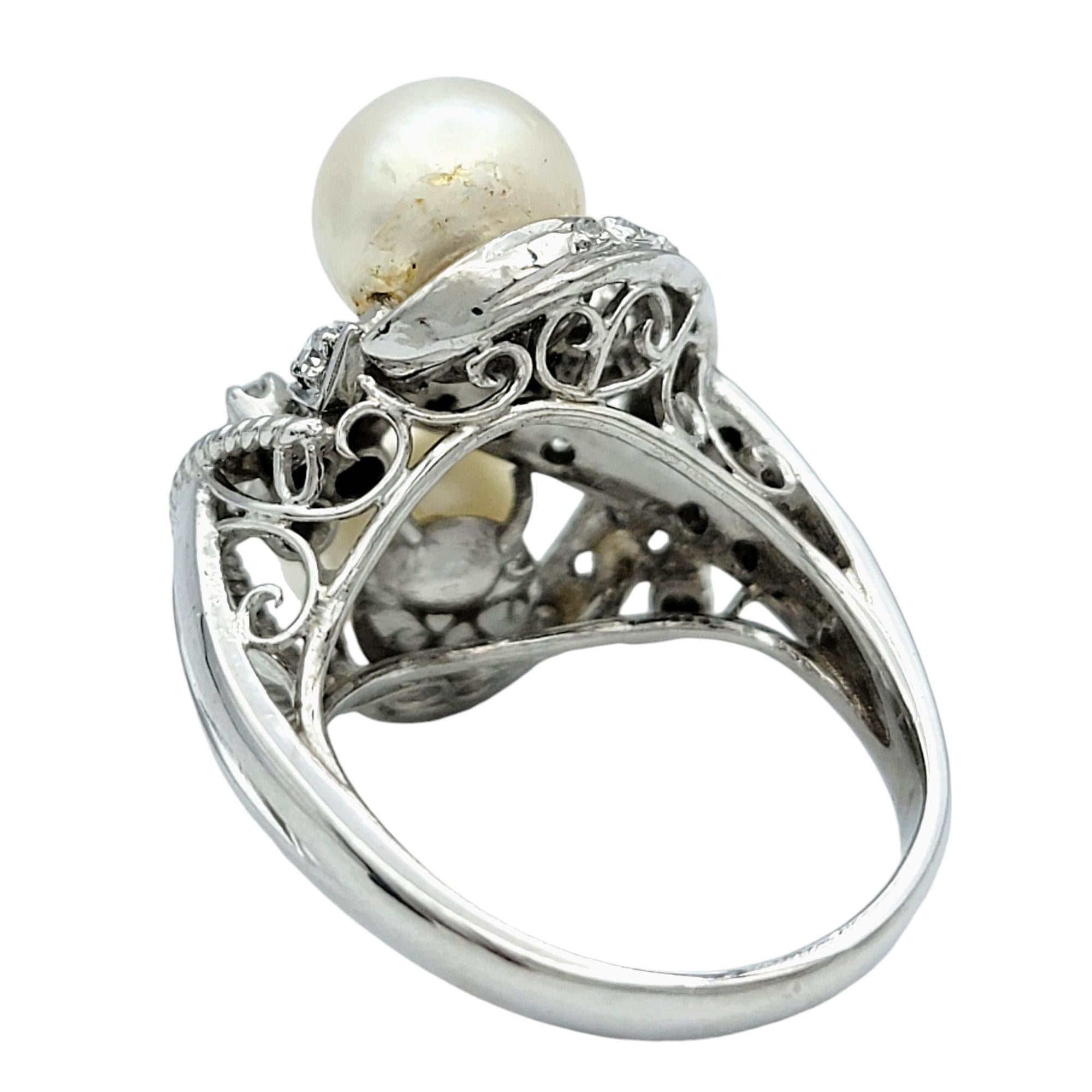 Vintage Cultured Pearl and Diamond Swirl Cocktail Ring in Polished Platinum In Good Condition For Sale In Scottsdale, AZ