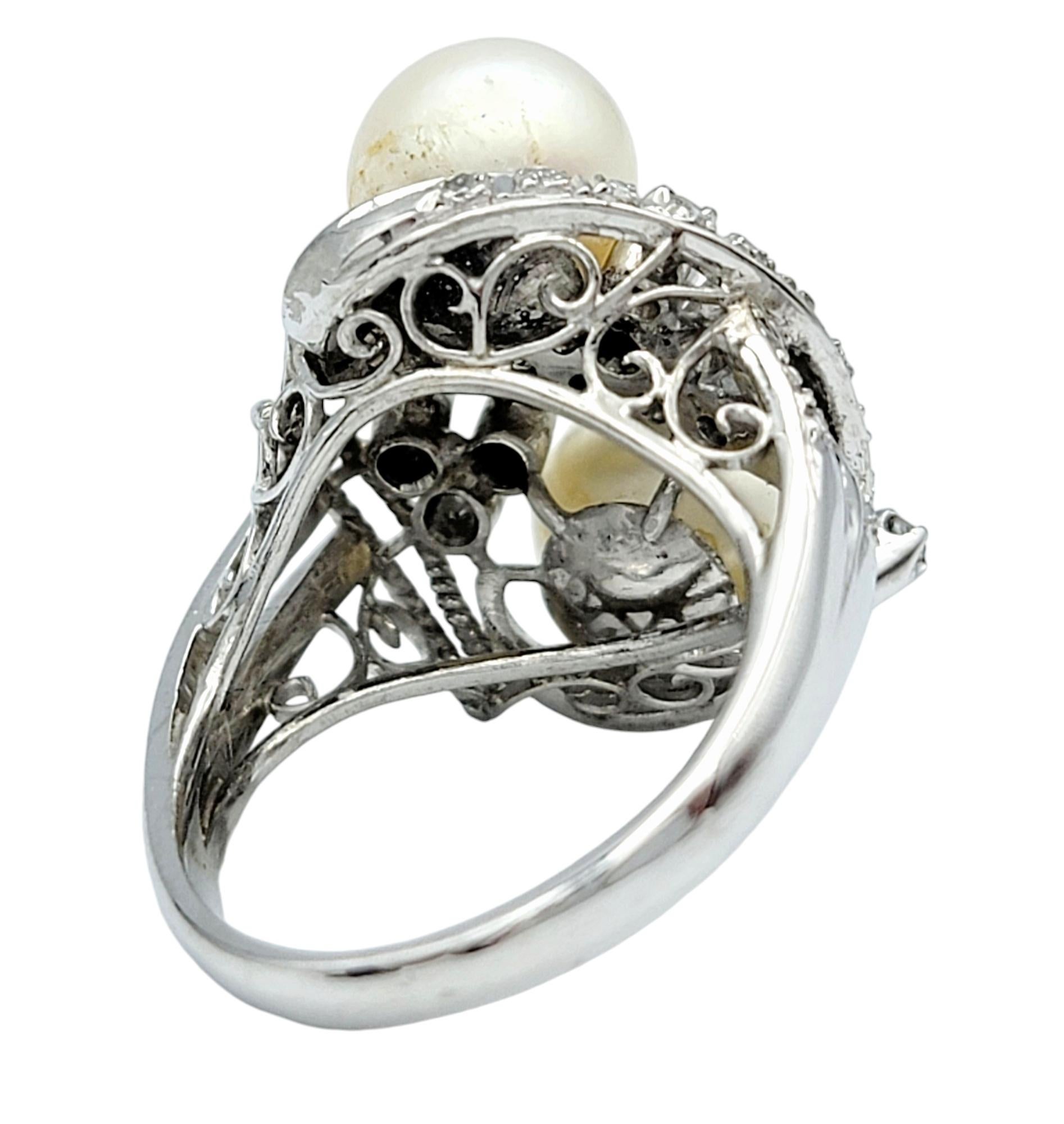 Women's Vintage Cultured Pearl and Diamond Swirl Cocktail Ring in Polished Platinum For Sale