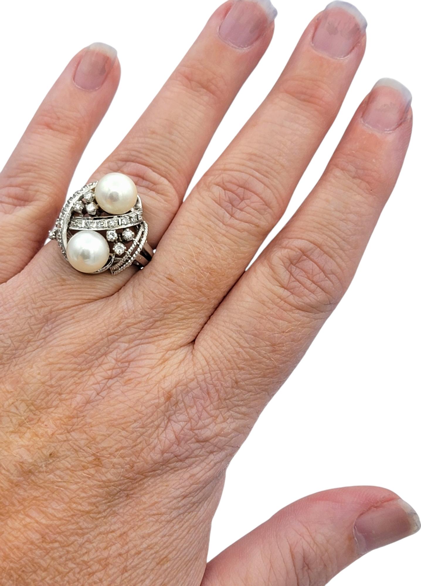 Vintage Cultured Pearl and Diamond Swirl Cocktail Ring in Polished Platinum For Sale 1