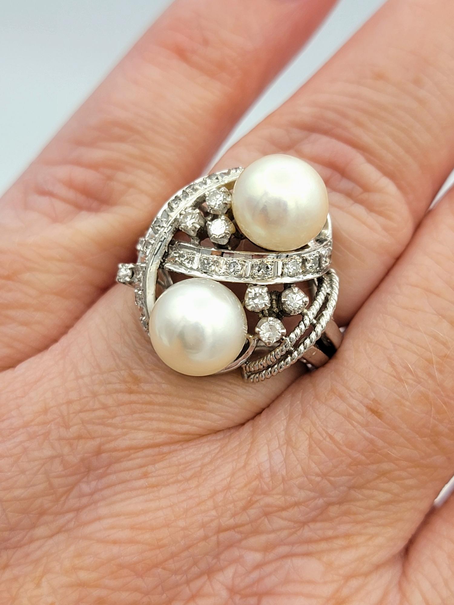 Vintage Cultured Pearl and Diamond Swirl Cocktail Ring in Polished Platinum For Sale 2