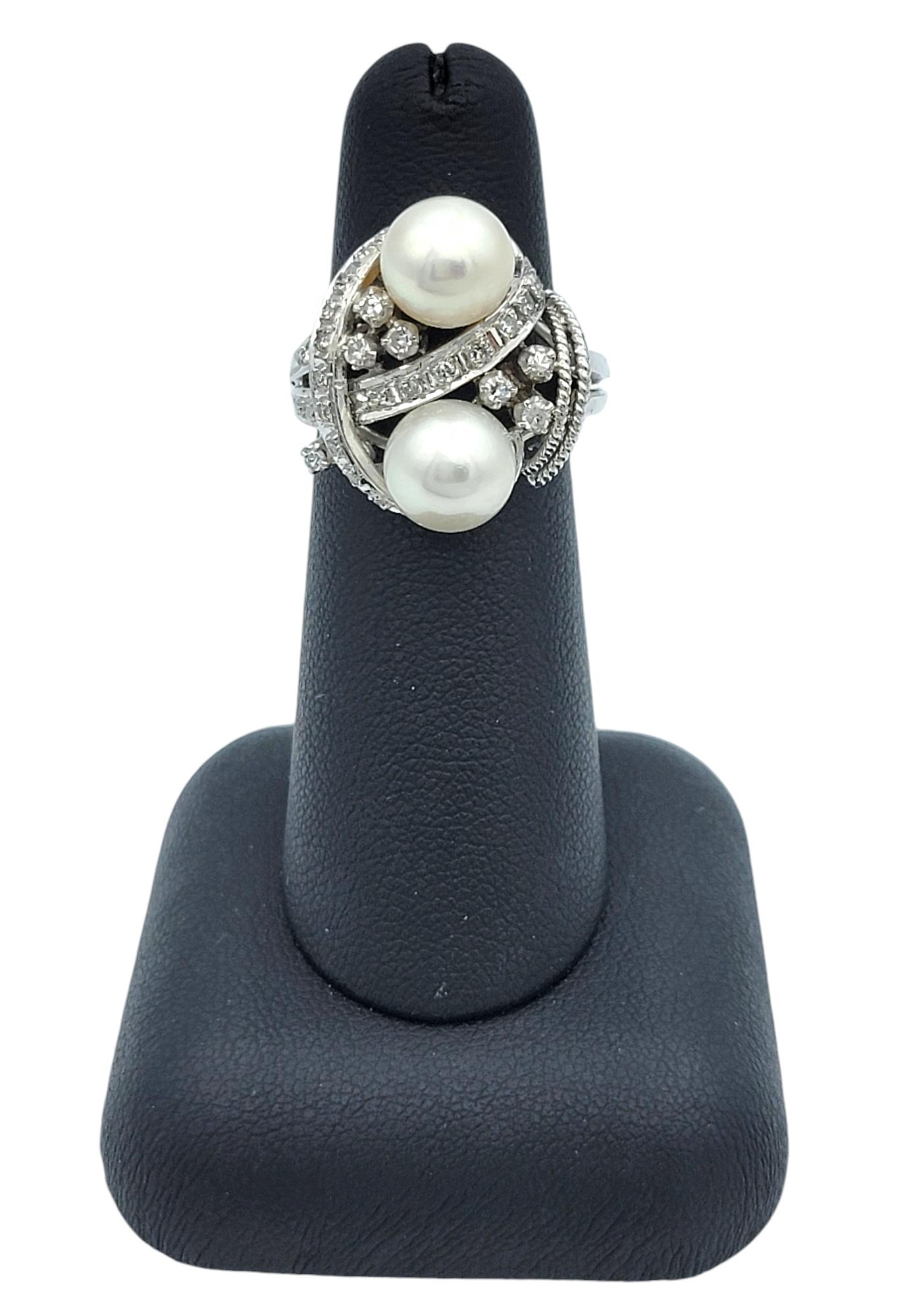 Vintage Cultured Pearl and Diamond Swirl Cocktail Ring in Polished Platinum For Sale 3