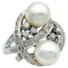 Vintage Cultured Pearl and Diamond Swirl Cocktail Ring in Polished Platinum