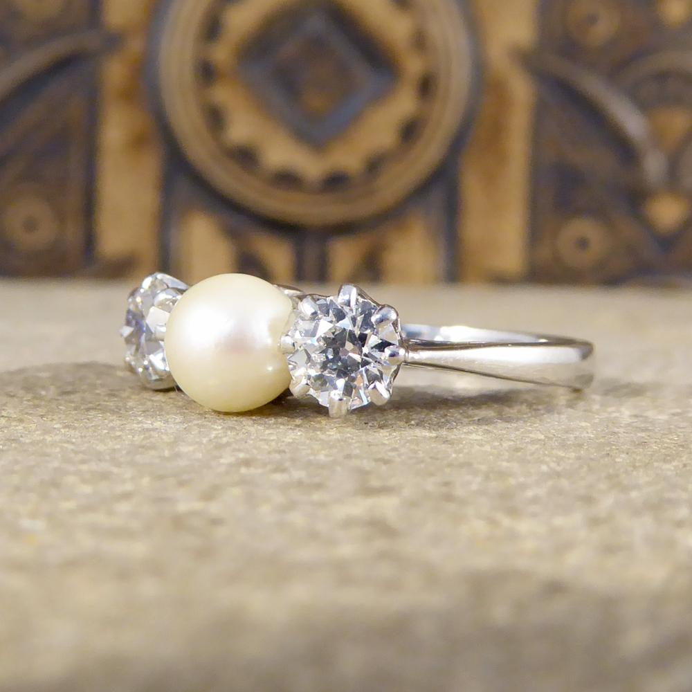 Women's Vintage Cultured Pearl and Diamond Three-Stone ring in 18 Carat White Gold