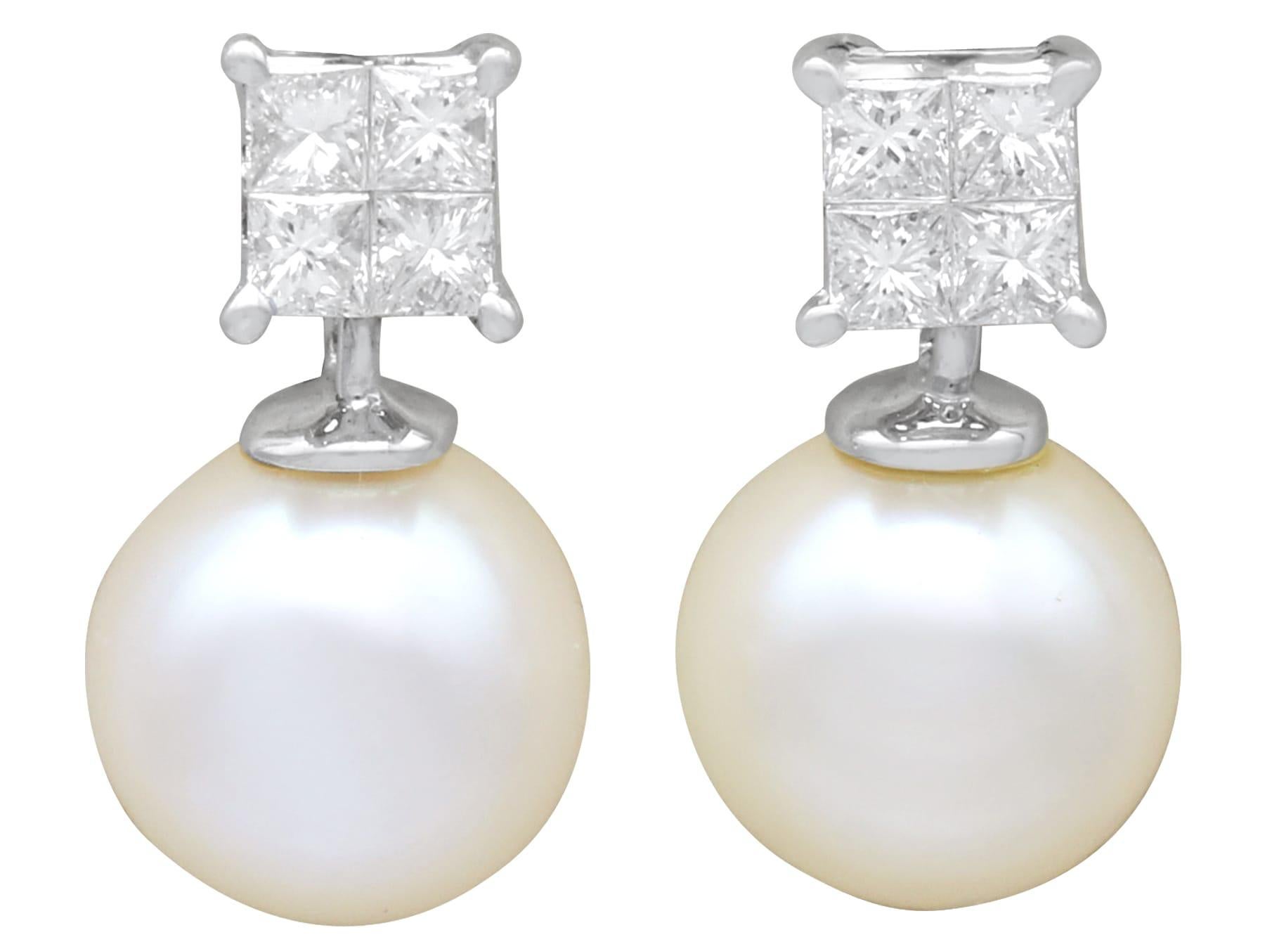 A fine and impressive pair of vintage 7mm cultured pearl and 0.40 carat diamond, 18 karat white gold stud earrings; part of our diverse pearl jewelry collections.

These fine and impressive vintage pearl earrings have been crafted in 18k white