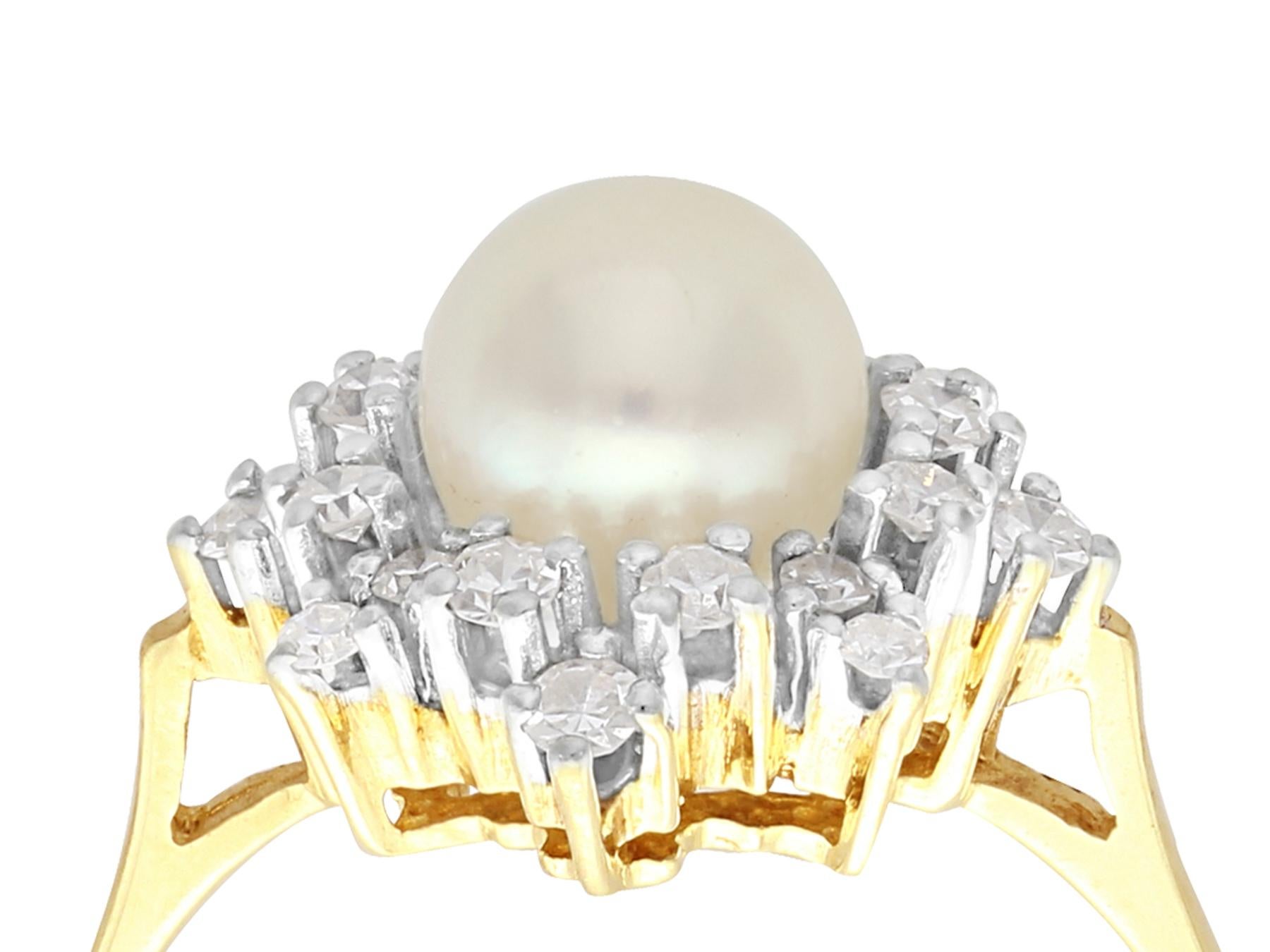 An impressive cultured pearl and 0.60 carat diamond, 18 karat yellow gold and 18 karat white gold set cluster ring; part of our diverse vintage jewelry collections

This fine and impressive pearl and diamond ring has been crafted in 18k yellow gold