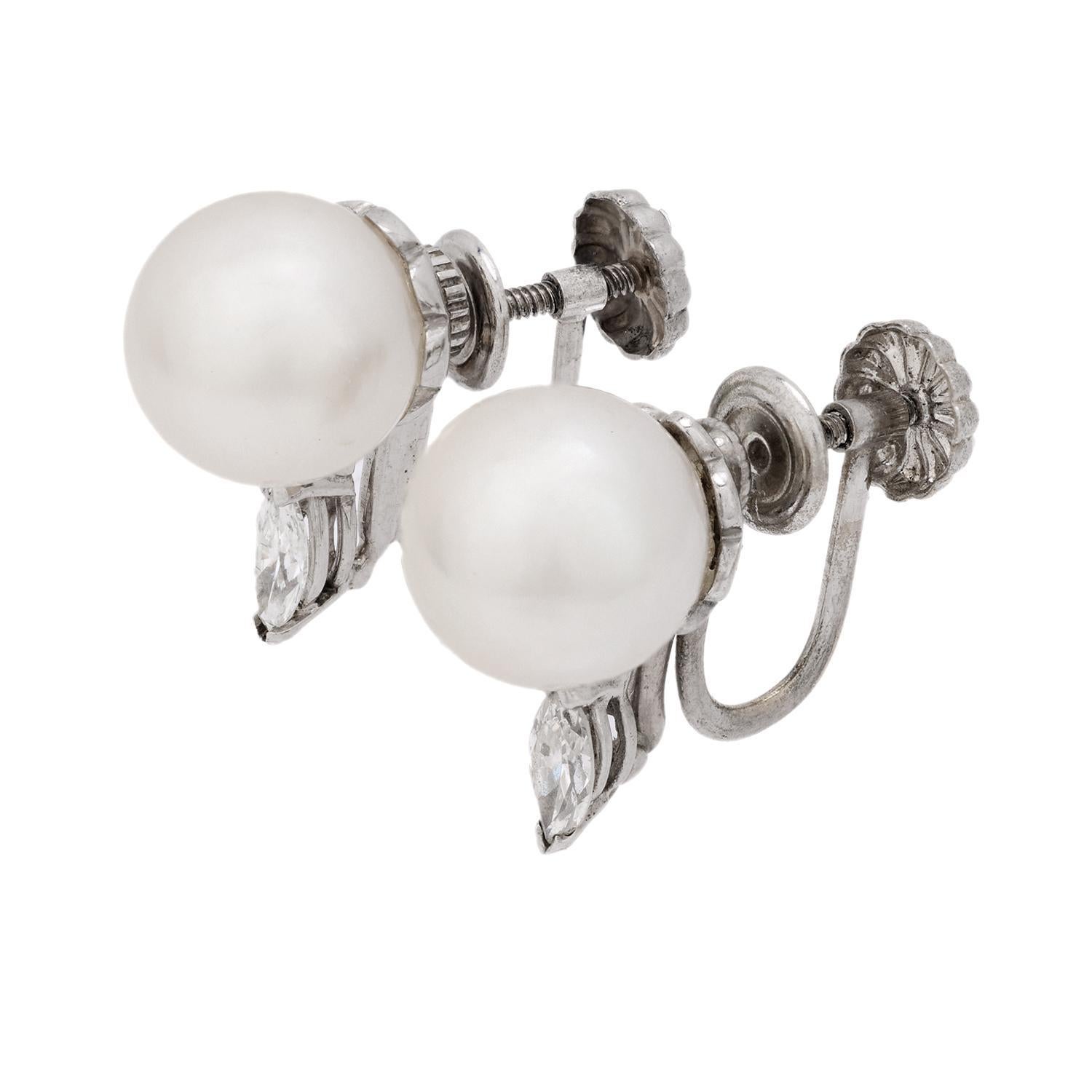 Pendientes vintage perla cultivada diamante oro blanco 14k Moderno en venta