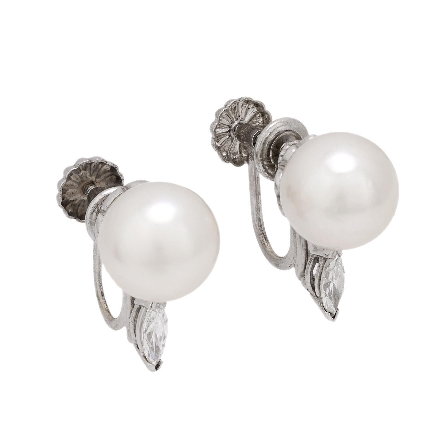 Pendientes vintage perla cultivada diamante oro blanco 14k en Bueno estado para la venta en Beverly Hills, CA