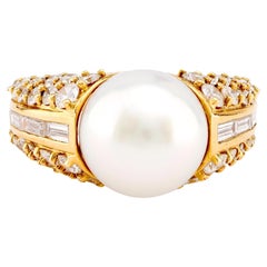 Anello da cocktail vintage con perle coltivate e diamanti in oro giallo 18 carati