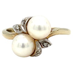 Vintage Cultured Pearl Diamond Bypass Ring 10k Yellow Gold